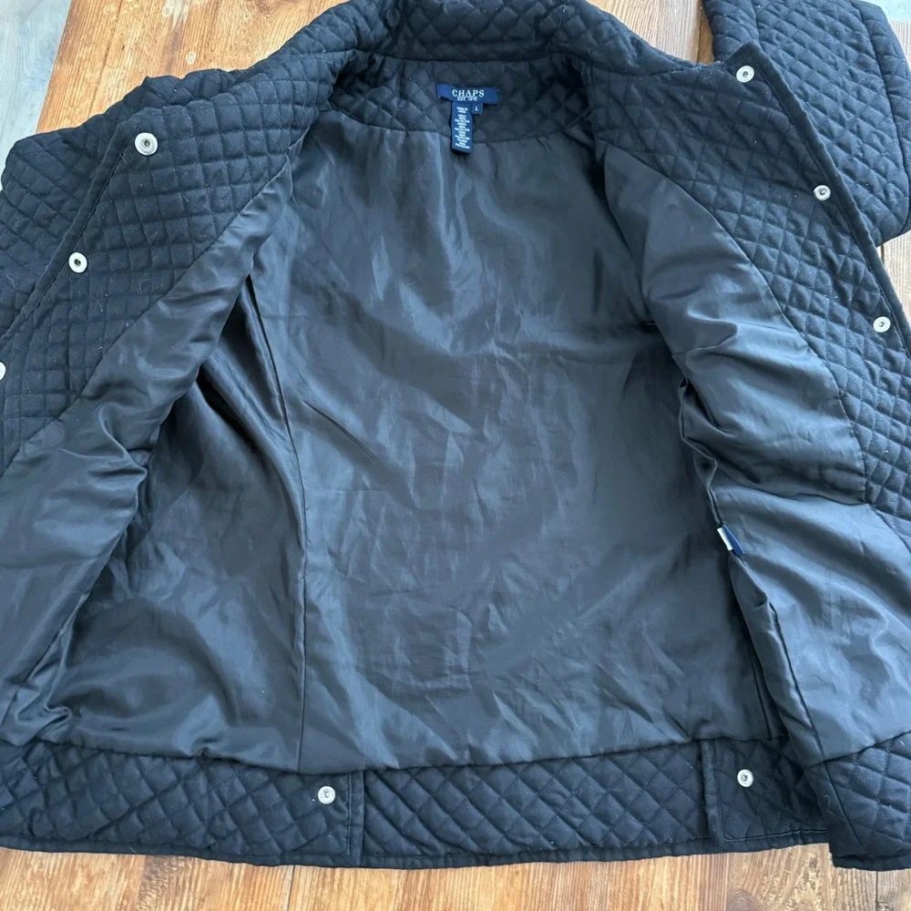 Chaps Black Quilted Diamond Stitch Snap Front Minimalist Jacket Womens Large EUC
